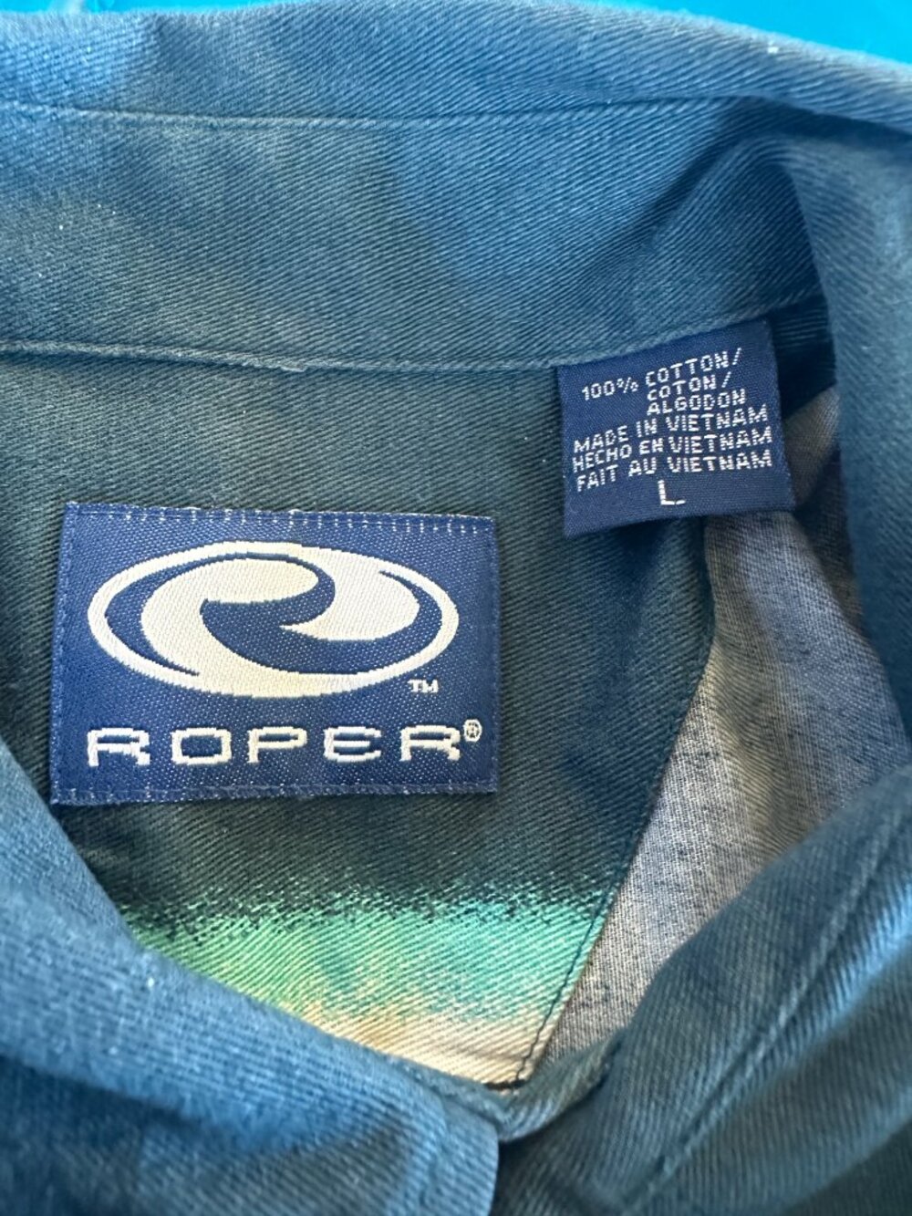 Roper Men's Dark Teal Cyan White Beige Pearl Snap Men's LS Button Front Shirt La - Picture 2 of 7